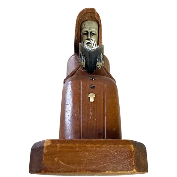 Vintage Hand Carved Wooden Monk Figurine with Rosary & Book Religious Folk Art - Picture 8 of 8